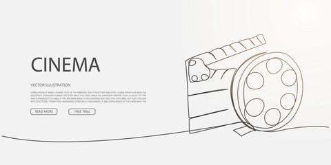 Minimalist landing page concept with cinema clapperboard and film reel, vector web layout for movie or film production website