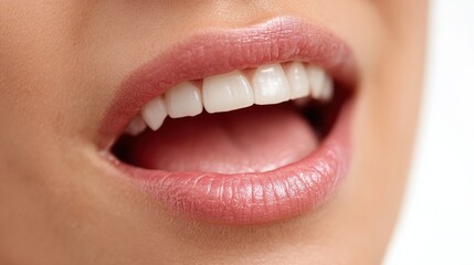 Obraz premium Close-up of a person's mouth speaking, showcasing healthy teeth and lips in a natural environment.