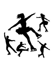 Girl playing ice skating sport training, dancing pose black silhouette