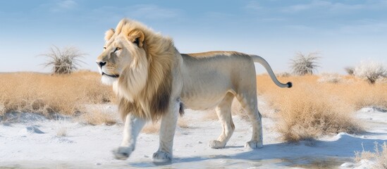 Obraz premium a majestic white lion standing in a snowy landscape, dramatic sky, detailed fur, realistic, cinematic lighting, vibrant colors, highly detailed, 8k, unreal engine 