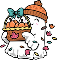 Cute Ghost Holding Basket of Pumpkins Illustration