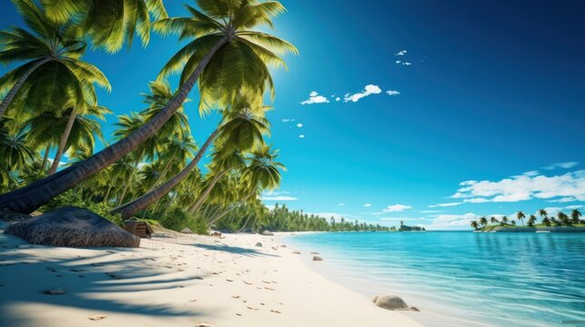 tropical beach, palm trees, white sandy beach, clear blue sky, turquoise water, idyllic paradise, serene scene, peaceful landscape, sunny day, travel destination, scenic view, nature background, islan