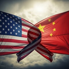 US and China Flags Intertwined.
