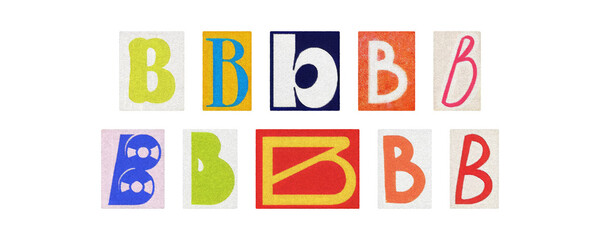 Magazine letter B cutouts, colorful typography tiles on transparent PNG
