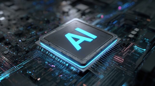 Close-up view of a microchip featuring the letters AI, symbolizing artificial intelligence and innovation.