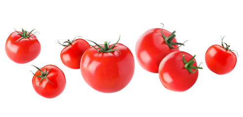 Fresh ripe tomatoes flying in air against white background