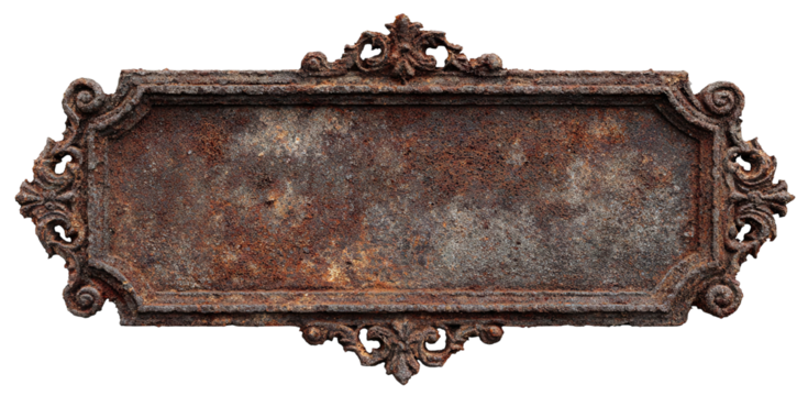 Iron ornamental nameplate mockup for vintage label or sign, isolated on transparent cutout background