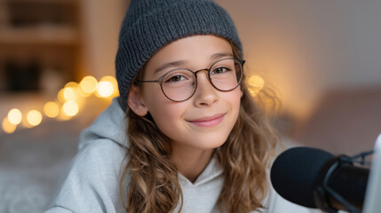 Teenage podcaster in cozy bedroom studio creating engaging content
