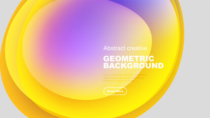 Vibrant abstract shapes overlap, creating gradient effect. Yellow, purple hues dominate design. Text present, button visible.