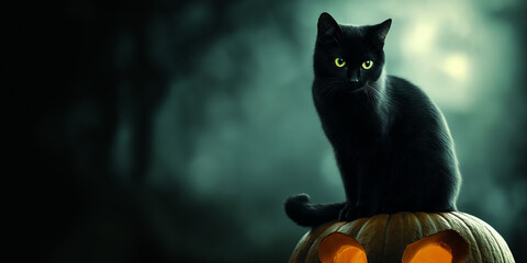 Mysterious black cat sitting on pumpkin halloween night digital art spooky forest close-up view eerie vibes