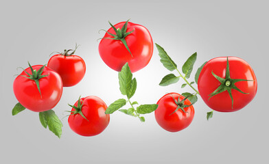 Fresh ripe tomatoes and green leaves flying in air against grey background