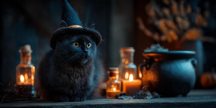 Halloween cat in witch hat spooky setting candlelit ambiance enigmatic vibe mystical environment