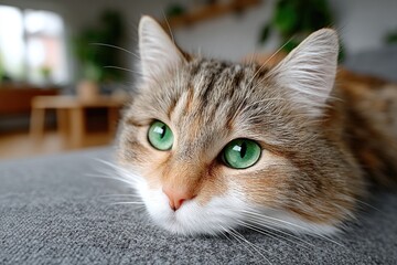 Close Up Portrait Of A Domestic Cat With Green Eyes Resting Indoors On A Grey Couch