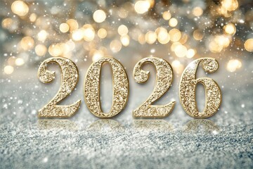 Sparkling 2026 sign with golden glitter on a snowy surface during the New Year celebration