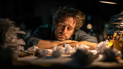 Fatigue and calmness blend as man takes a moment of rest at his creative desk