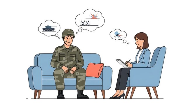 Soldier with PTSD Memories in Therapy Vector Illustration