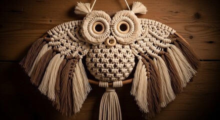Handmade Macrame Owl Wall Hanging in a Bohemian Style on a Wood Background
