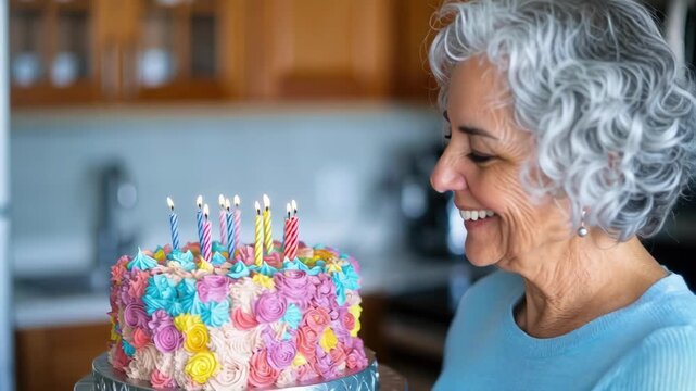 Grandma celebrates her birthday with a beautiful cake in the kitchen surrounded by colorful candles, capturing joyful moments with family and friends