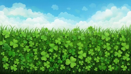 Lush Green Clover Field Under a Bright Blue Sky with Fluffy Clouds.