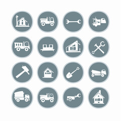 Fototapeta premium Essential vector icon set for construction and building projects, featuring diverse tools, heavy machinery, and residential structures for architectural design and development