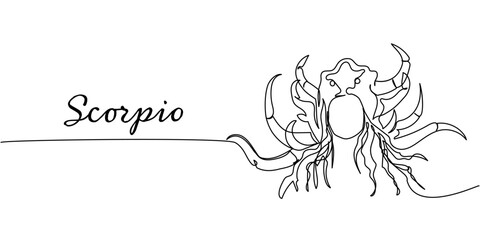 Minimalist one-line zodiac illustration of Scorpio, abstract scorpion form, continuous black contour drawing