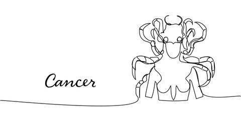 Minimalist one-line zodiac illustration of Cancer, abstract female figure with crab features, elegant continuous black contour drawing