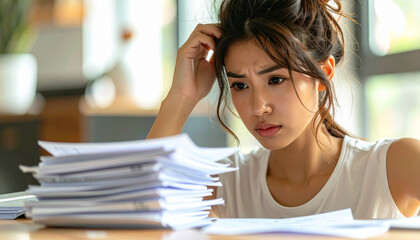 Stressed woman faces rental pressure with visual frustration while reviewing paperwork in bright home office environment