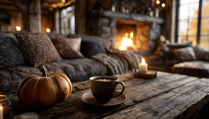 A warm, inviting sofa with a cup of coffee and a pumpkin, perfect for a cozy autumn day by the fireplace