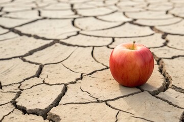 Vibrant Red Apple on Parched Earth with Cracked Soil in Arid Landscape under Harsh Sunlight