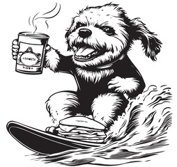 black and white surfing dog