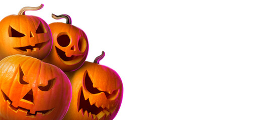 Halloween poster design. Pumpkins with carved spooky faces peeking out against white background. Space for text