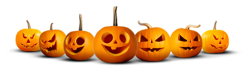 Pumpkins with spooky carved faces on white background. Halloween decoration