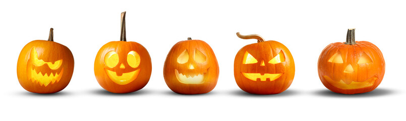 Halloween jack-o-lanterns on white background. Pumpkins with carved spooky faces