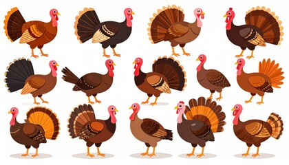 Turkey icon set. thanksgiving flat turkeys. hat waving sign feather happy dance icons. Celebration graphic. autumn holiday bird. greeting element. cheerful fowl. party design.