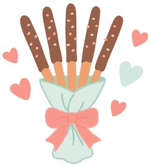Valentine’s Day teddy bear and chocolate biscuit sticks illustration set