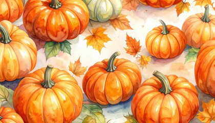 watercolor pumpkin background. Festive autumn gourd backdrop for graphic design seasonal card invitation or web page project.