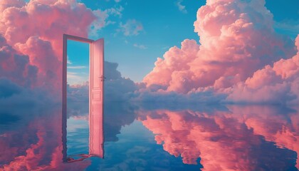 a solitary, open door floats amidst a vibrant sea of pink and blue clouds, reflecting the surreal landscape below.