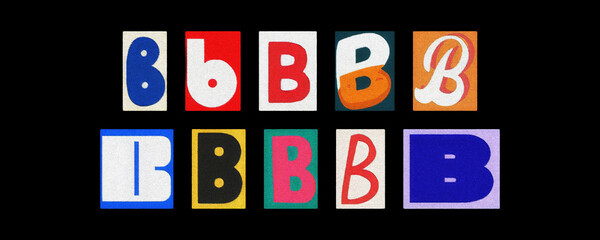Assorted letter B glyphs, uppercase and lowercase, paper cutouts on black
