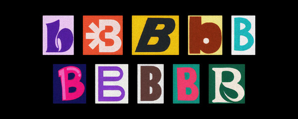 Assorted letter B glyphs, uppercase and lowercase, paper cutouts on black
