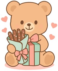 Valentine’s Day teddy bear and chocolate biscuit sticks illustration set