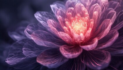 Fototapeta premium a luminous and ethereal flower blooms with layers of swirling pink and violet petals against a dark, dramatic background.