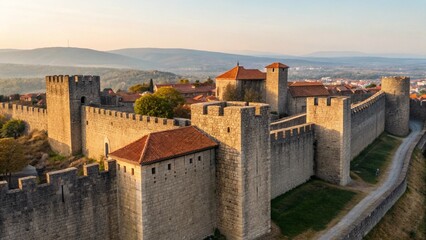 Obraz premium Medium Shot of Ancient City Surrounded by Stone Fortress Walls with Towers for Architecture Concept
