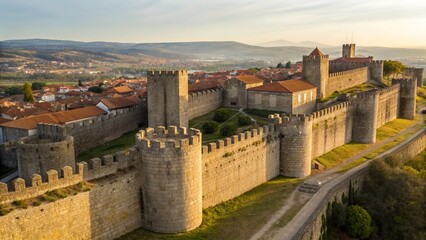 Obraz premium Medium Shot of Ancient City Surrounded by Stone Fortress Walls with Towers for Architecture Concept