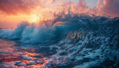 Fototapeta premium a vibrant turquoise wave curls and crashes against a fiery orange and pink sunset sky, creating a dynamic and breathtaking seascape.