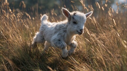 Obraz premium Baby goat running in tall grass