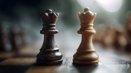 Two chess queens one dark and one light face off on a chessboard symbolizing strategic conflict and leadership decisions