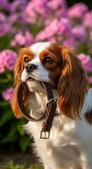 Fototapeta premium Cavalier King Charles Spaniel with Collar in Garden.