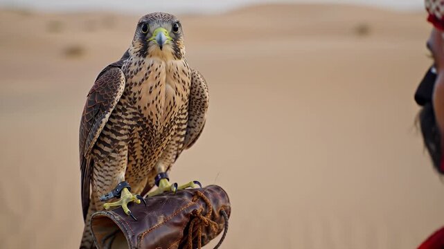 Majestic Saker Falcon Perched on Leather Glove with its Brown and White Speckled Plumage in a Desert Scene with Traditional Attire at Late Afternoon and Eye Level View Capturing Heritage