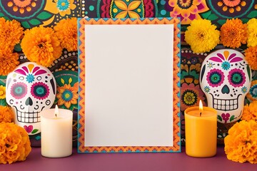 Blank Paper Frame with Sugar Skulls Marigolds and Candles Against Vibrant Backdrop