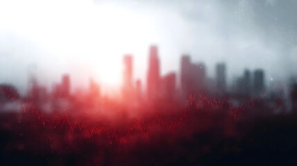 Blurred urban skyline silhouette at dawn or dusk overlaid with a vibrant red financial chart symbolizing economic fluctuations